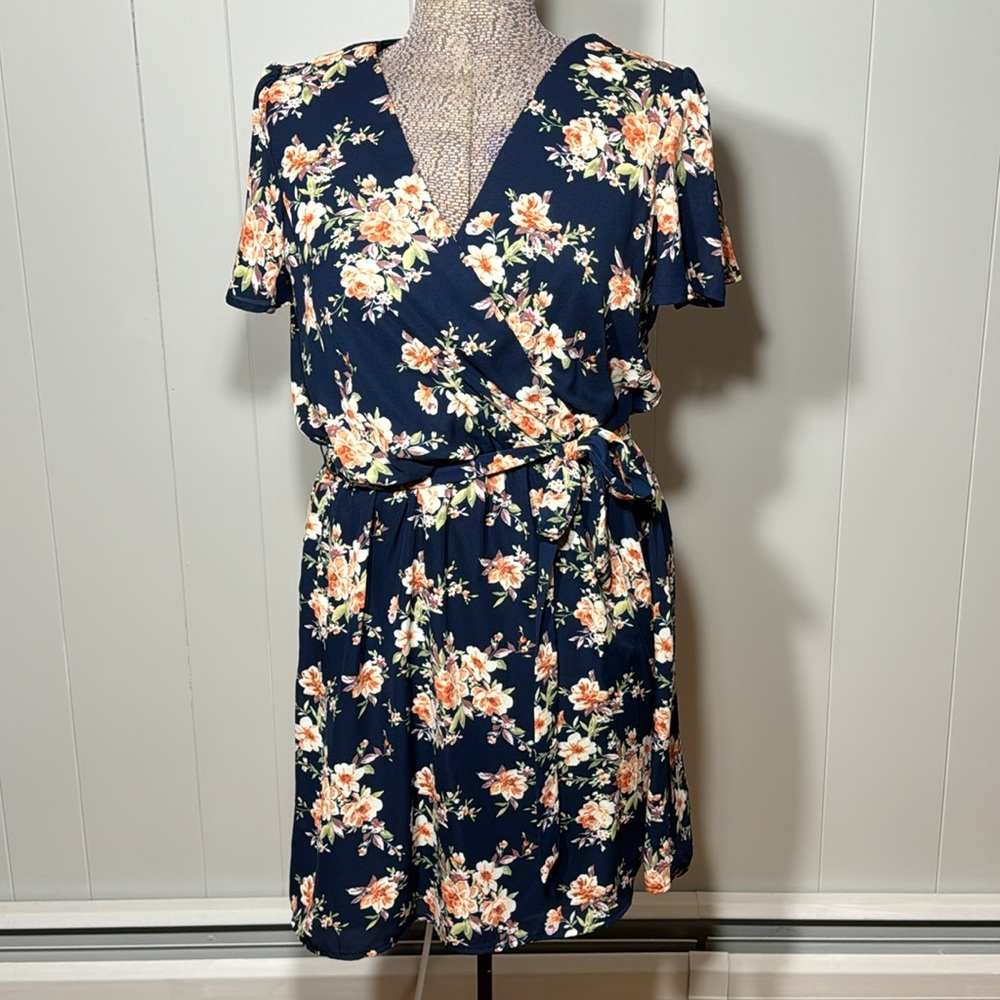 As U Wish Womens Large Short Sleeve Dress Elastic Waist with Belt Floral